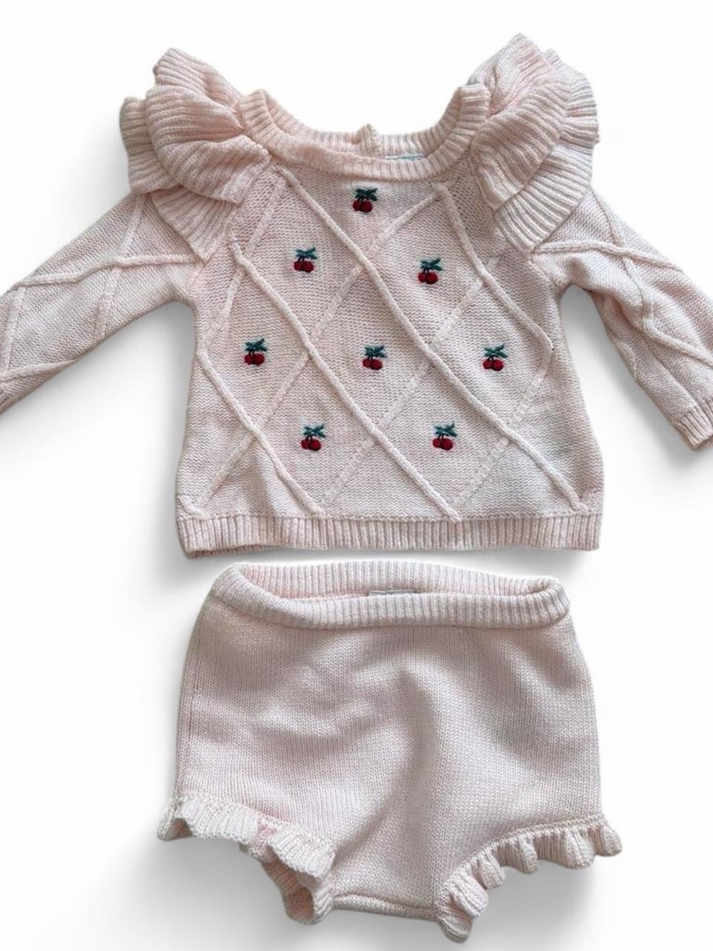 Janie and Jack Light Pink Knit Sweater with Cherry Motif